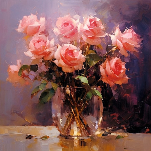 Een vaas met roze rozen zit op een tafel met een paarse achtergrond.