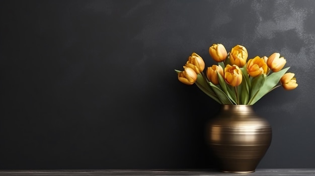 Een vaas met tulpen staat op een tafel met een krijtbordachtergrond.