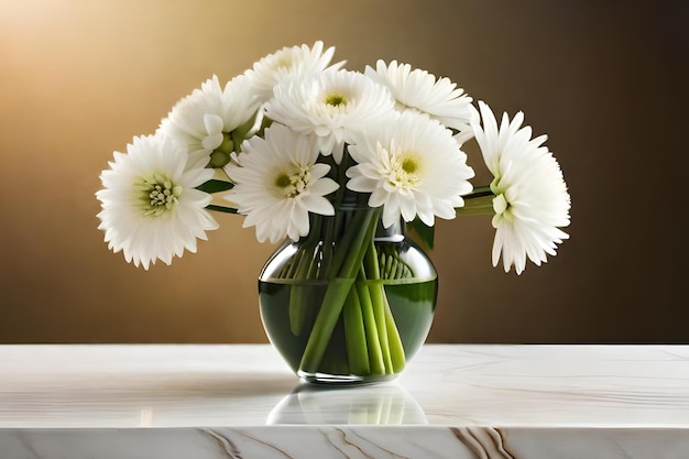 Een vaas met witte bloemen op een marmeren tafel