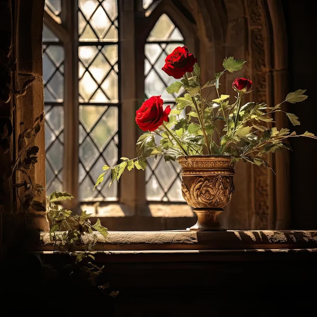 Foto een vaas vol rode rozen bovenop een tafel.