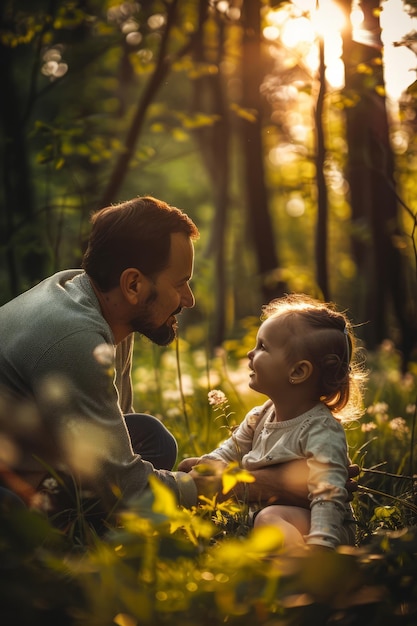 Een vader die liefdevol naar zijn dochter staart in de lente natuur vadersdag concept