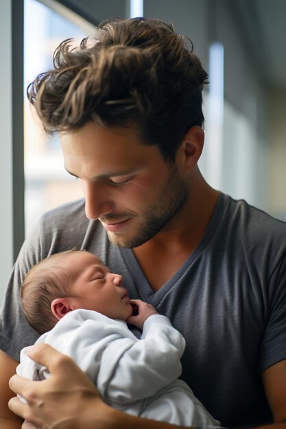 Een vader die zijn pasgeboren baby vasthoudt