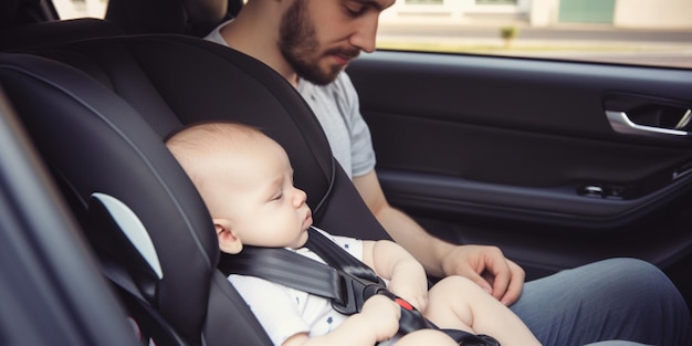 Een vader en baby in een autostoeltje