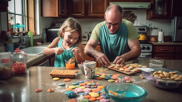 Een vader en dochter bakken koekjes in een keuken.