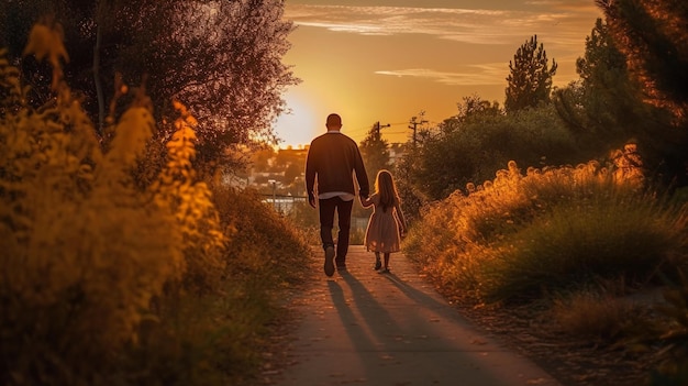 een vader en dochter die hand in hand langs een schilderachtig pad lopen tijdens de gouden AIGenerated