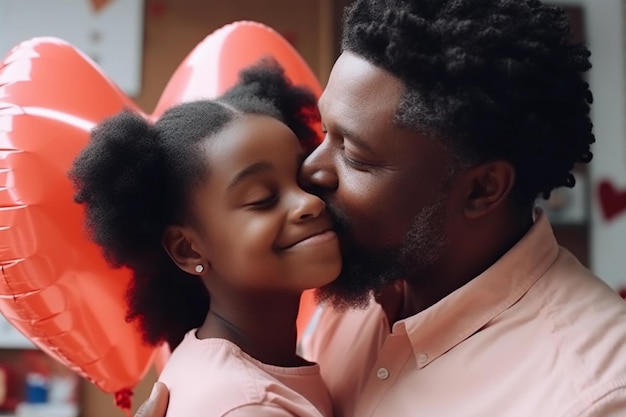 Een vader en dochter kussen voor een rode hartballon Vaderdag
