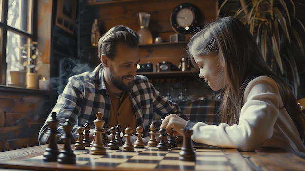 Foto een vader en dochter spelen schaak in een gezellige woonkamer ze glimlachen allebei en genieten van het spel