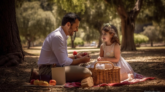Een vader en dochter zitten op een picknickkleed in een park, een van de vele picknicks in het park.