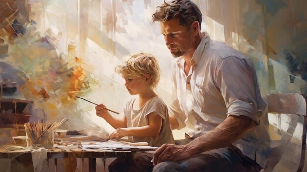 Een vader en kind die samen aan het schilderen zijn