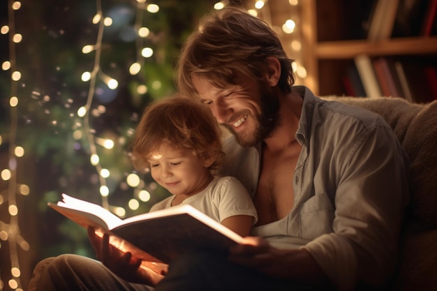 Een vader en kind lezen samen een boek en worden ondergedompeld in een magisch vaderdagverhaal