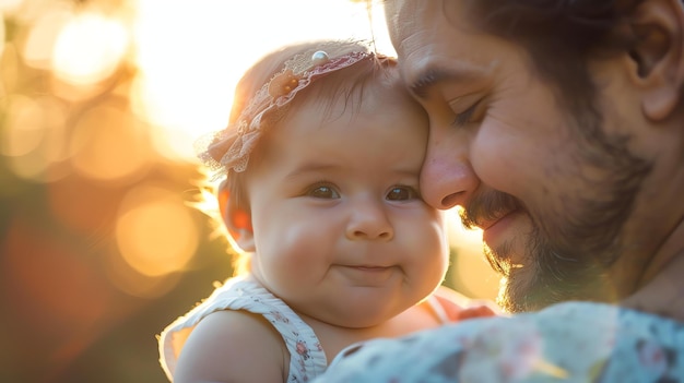 Een vader en zijn baby dochter zitten in een veld van bloemen de zon gaat onder en de lucht is een warme gouden kleur