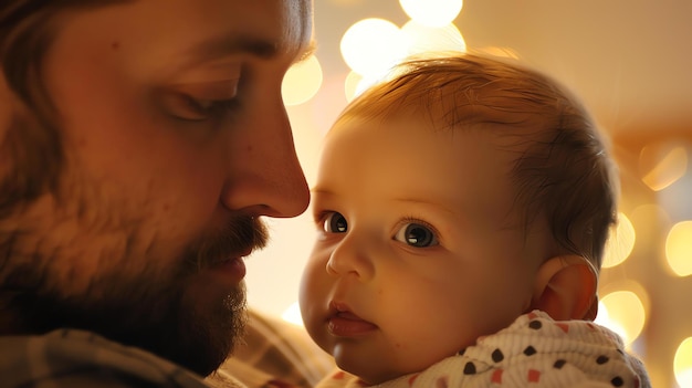 Een vader en zijn baby kijken elkaar met liefde en aanbidding aan