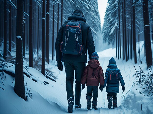 Een vader en zijn twee zonen lopen in het winterwoud het concept van een wintervakantie