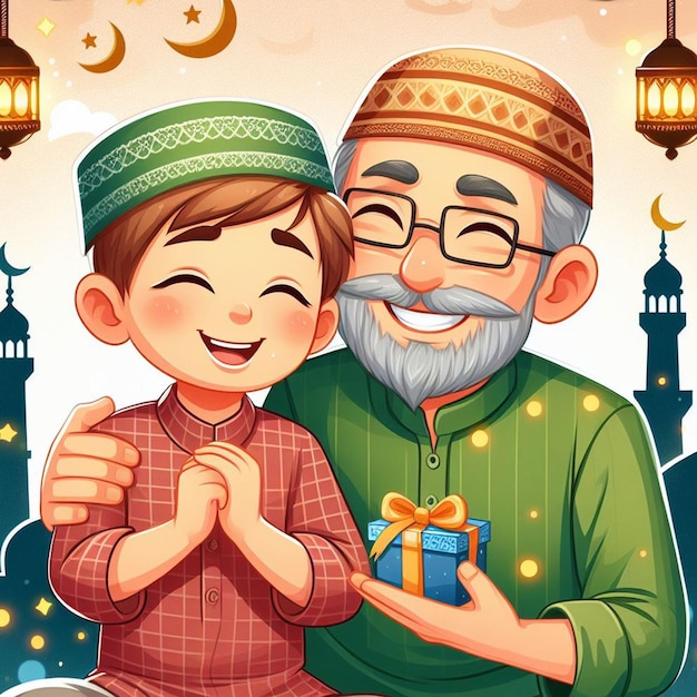 Een vader en zoon genieten van de Eid Mubarak Foto achtergrond
