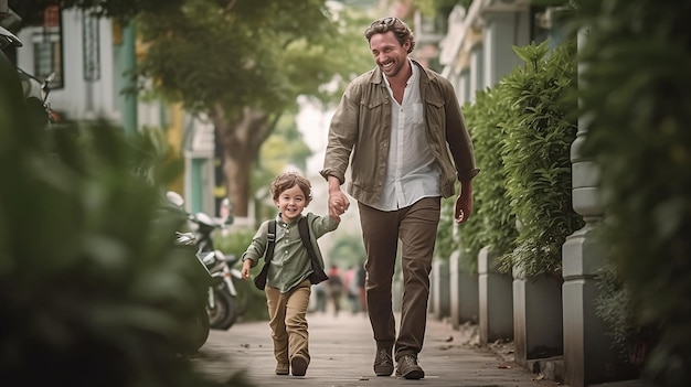 Een vader en zoon lopen door een straat