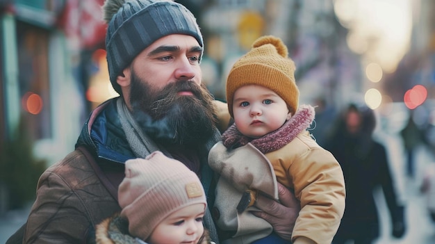 Een vader met een baard wandelt met zijn jonge kinderen