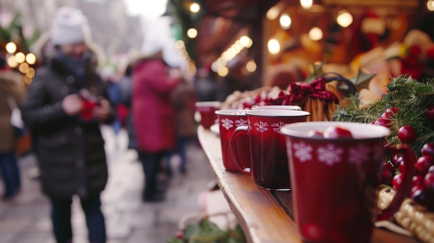 Foto een vakantie markt met mensen die rondlopen met het houden van hete bekers van gekookte cranberry punch en praten