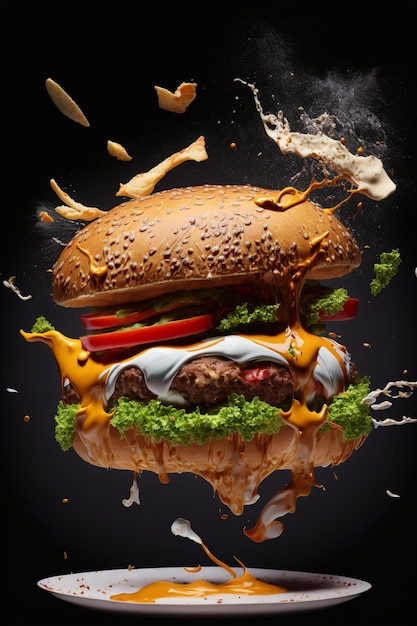 Een vallende hamburguer met alle ingrediënten, Generative ai