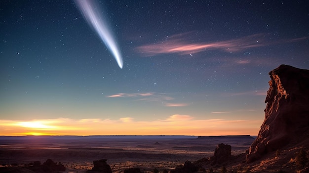 Een vallende komeet of asteroïde tegen de achtergrond van een sterrenrijke nachtelijke hemel