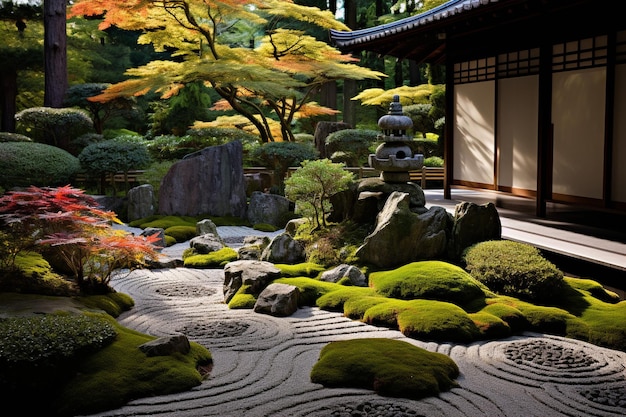 Een van een meditatie tuin met een koi vijver zen rots tuin