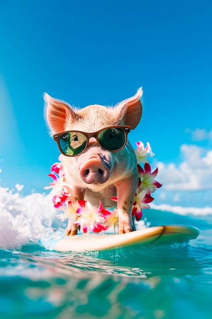 een varken in een bril zwemt in de golven selectieve focus