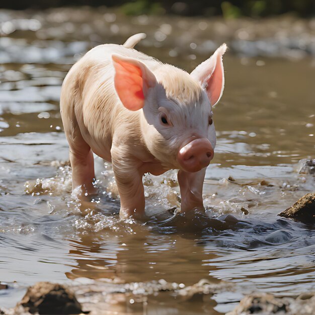 een varken in het water met een roze neus en oren