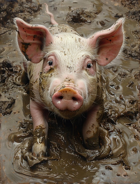een varken is in een modderig gebied met schone witte modder