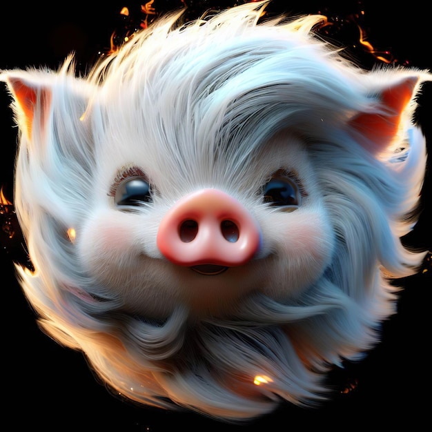 Een varken met een blauw gezicht en een wit gezicht met een glimlach erop.