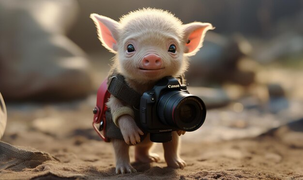 een varken met een camera en een camera op de achtergrond