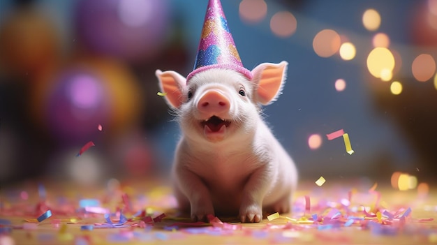 Een varken met een feestmuts zit op een met kleurrijke confetti bedekte grond