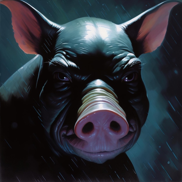 Een varken met een roze neus staat in de regen