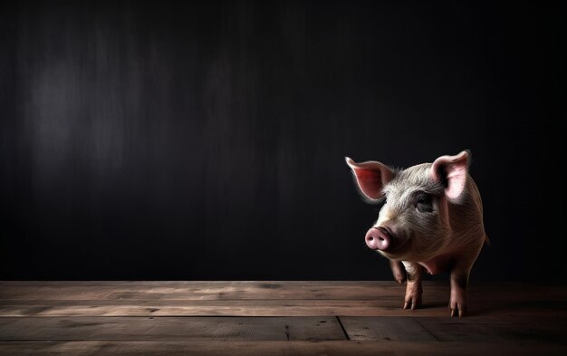 Een varken staat op een houten tafel met een zwarte achtergrond.