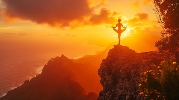 Een vastberaden jongen die yoga beoefent op een bergtop