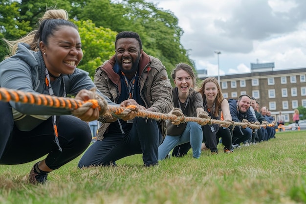 Een vastberaden team trekt aan het touw in tugofwar bij het parkconcept.