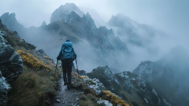 Een vastberaden wandelaar overwint een ruige bergweg