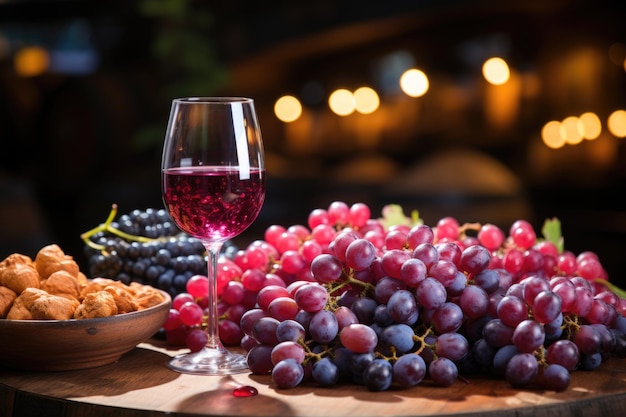 Een vat wijn ligt op een tafel met een tros druiven op de achtergrond.