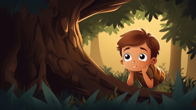 Een vector cartoon kind speelt verstoppertje achter de boom