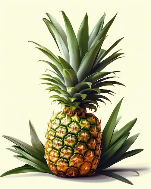 Een vectorafbeelding van een ananas op een witte achtergrond met een paar tropische bladeren gemaakt met generatieve AI-technologie