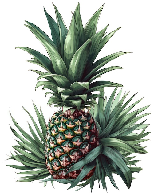 Een vectorafbeelding van een ananas op een witte achtergrond met een paar tropische bladeren gemaakt met generatieve AI-technologie