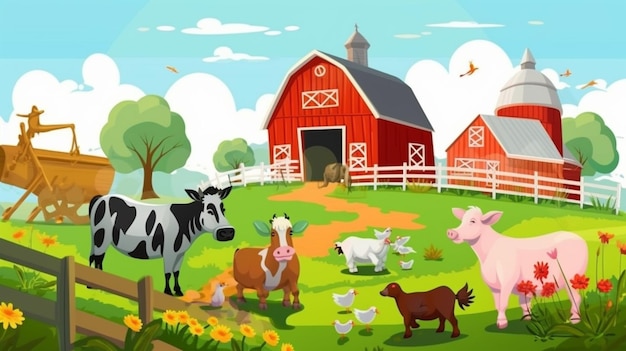 Foto een vectorillustratie van een boerderij met dieren en een schuur generatieve ai