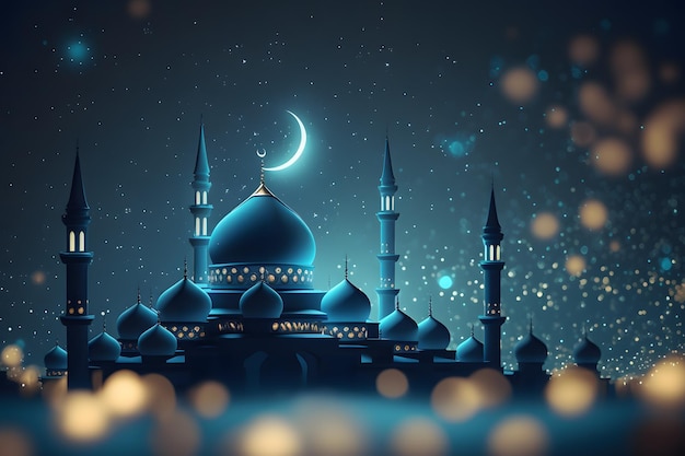 Een vectorillustratie van een moskee met een wassende maan op een donkere achtergrond.