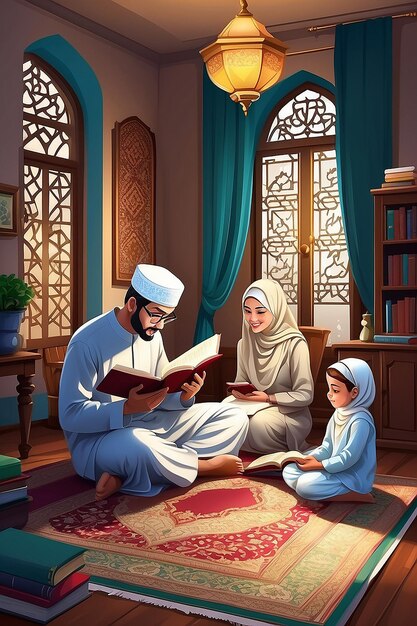 Foto een vectorillustratie van een moslimfamilie die thuis de koran bestudeert