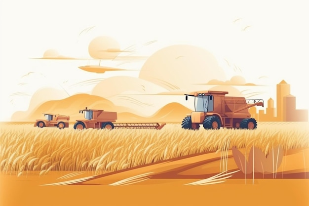Een vectorillustratie van een tarweveld met een maaidorser en een tractor.