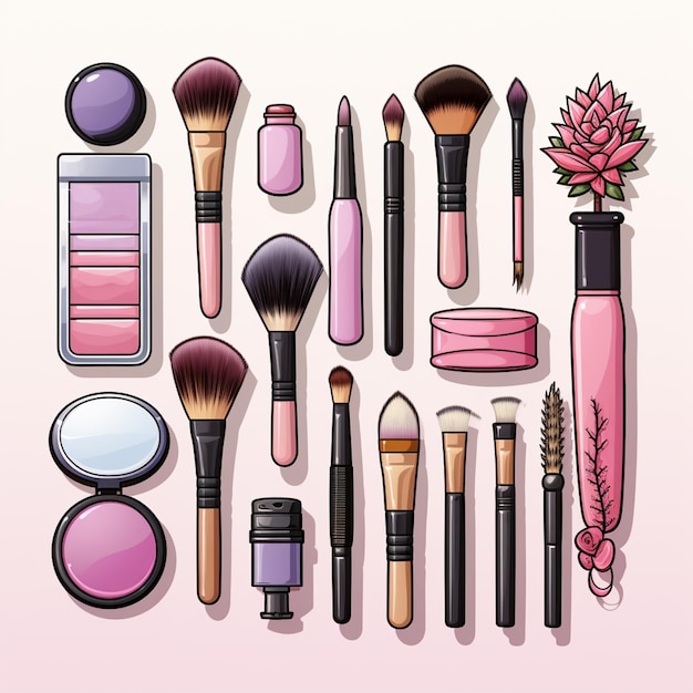 een vectorillustratie van een verscheidenheid aan make-upborstels en cosmetische producten generatieve ai