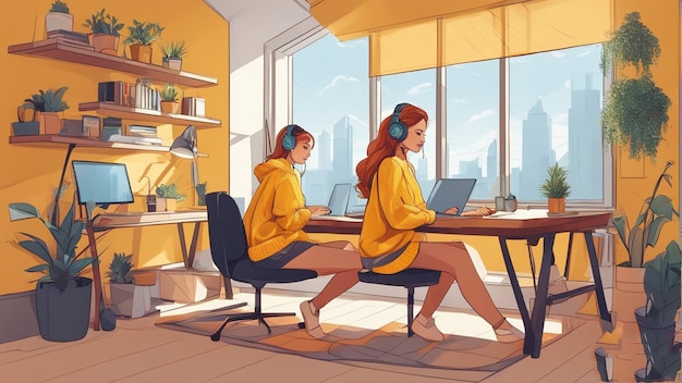 een vectorillustratie van meisjes die in een kantoor werken met een computer en laptop.