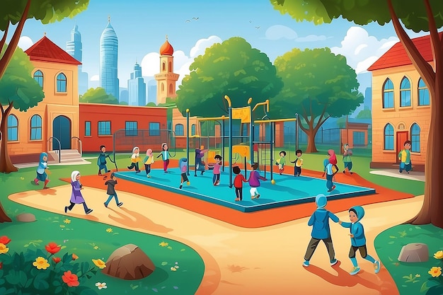 Een vectorillustratie van moslimkinderen die tijdens de pauze op de speeltuin van de school spelen