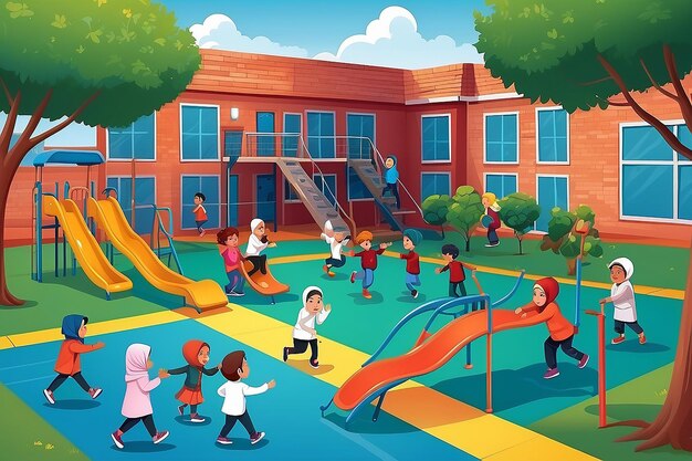 Een vectorillustratie van moslimkinderen die tijdens de pauze op de speeltuin van de school spelen