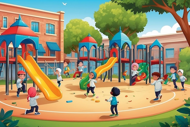 Een vectorillustratie van moslimkinderen die tijdens de pauze op de speeltuin van de school spelen