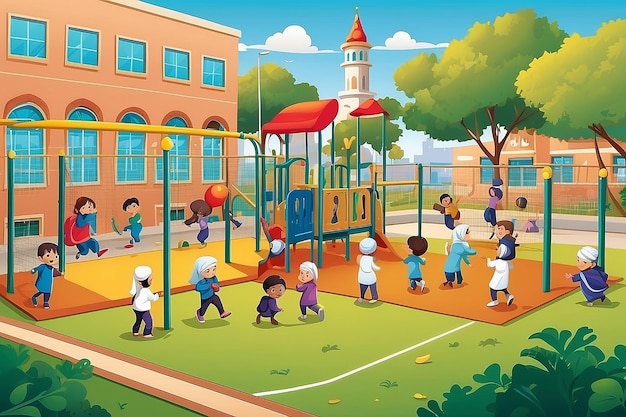 Een vectorillustratie van moslimkinderen die tijdens de pauze op de speeltuin van de school spelen
