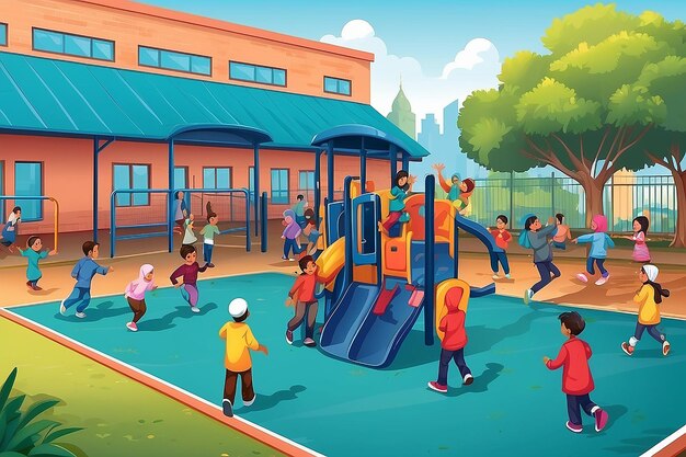 Een vectorillustratie van moslimkinderen die tijdens de pauze op de speeltuin van de school spelen